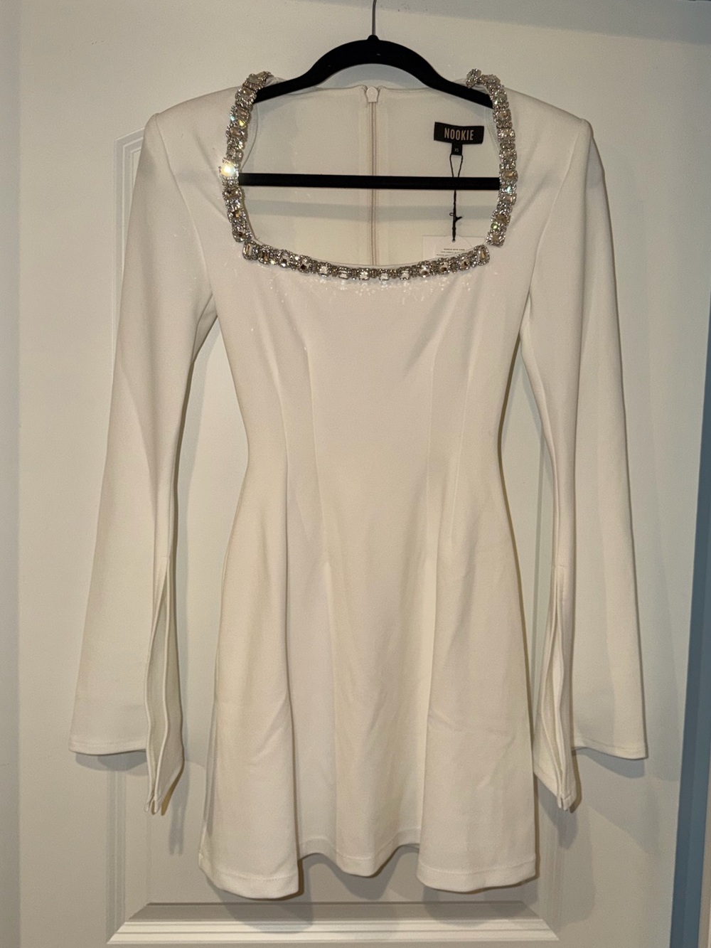 Nookie White Long-Sleeve Mini Dress with Embellished Square Neckline Size XS - Picture 2 of 9